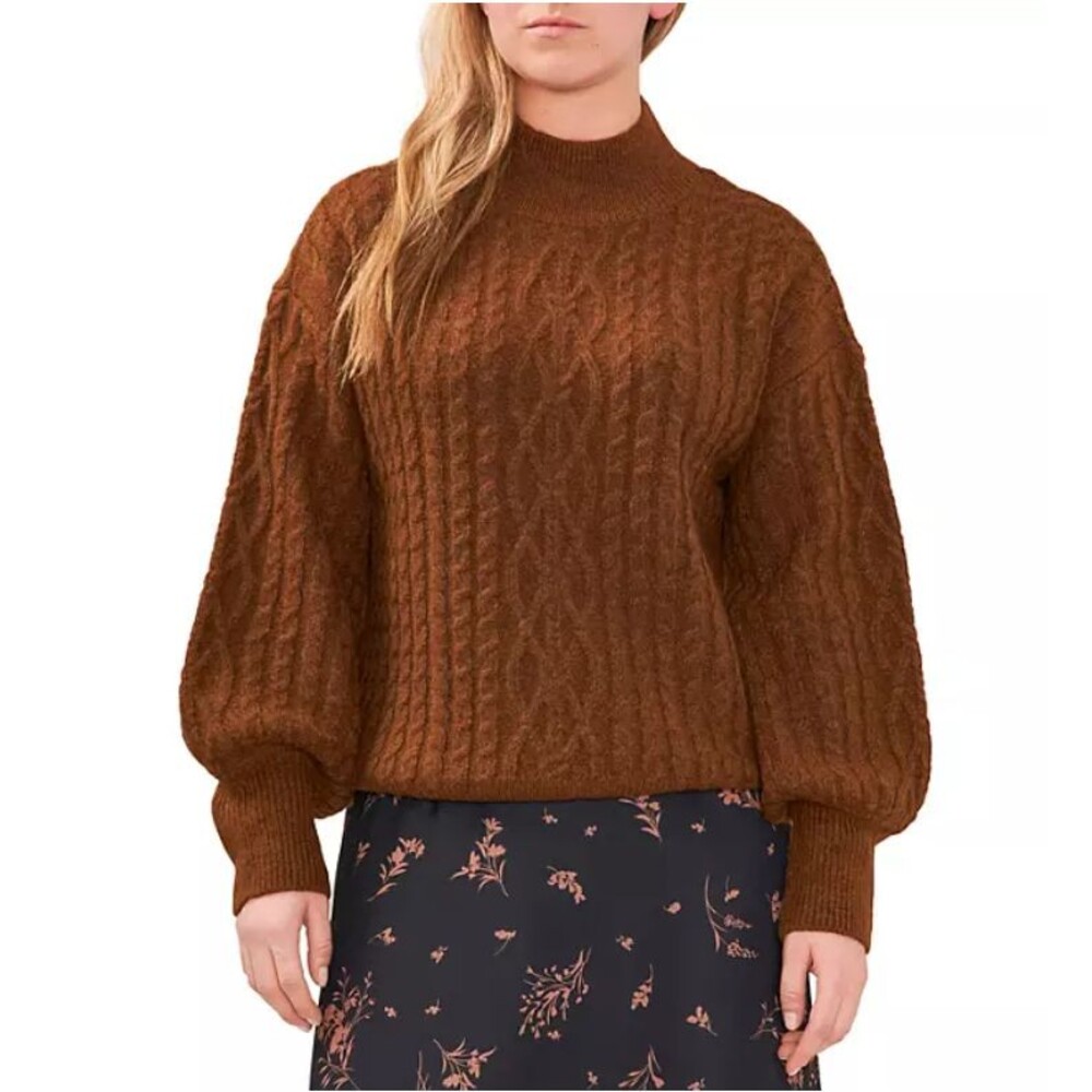 Vince Camuto Women's Sweater XL Cable Knit Brown Mock Neck Stretch Fall Cozy